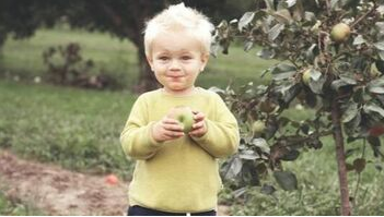 Enfant à Longueuil qui mange une pomme d'un pommier planté par Emondage Longueuil Pro.